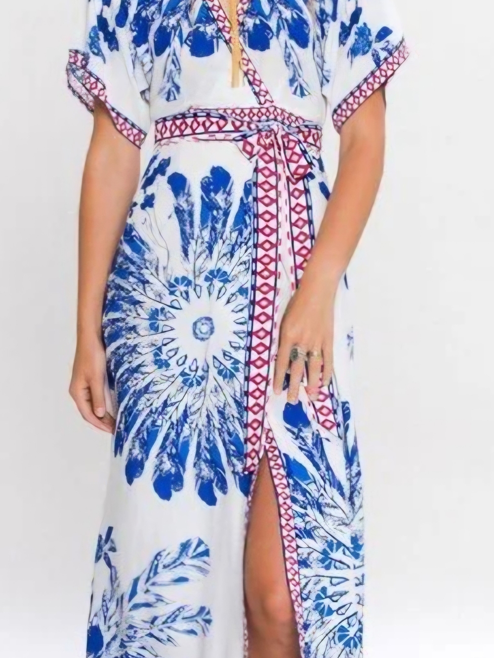 Flying Tomato White Maxi Dress with Blue Medallion Print and Red Trim